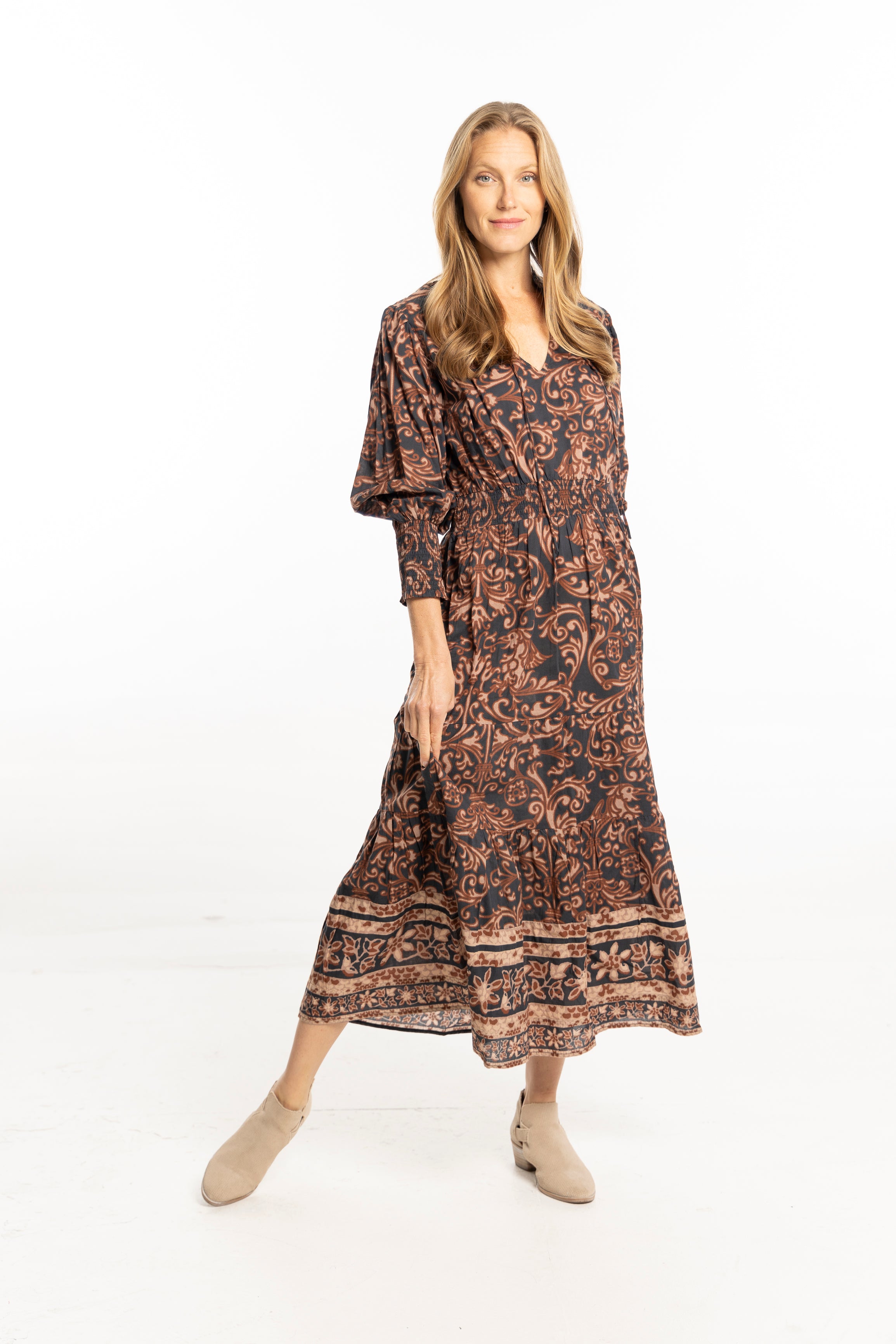 Monica Dress Espresso | Long Sleeve Cotton Maxi Dress by Bindu