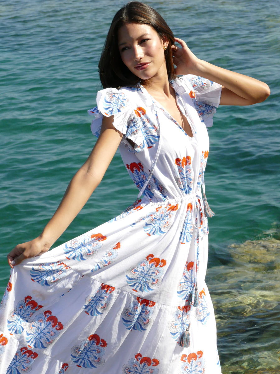andrea summer dress with blue and orange accents bindu clothing