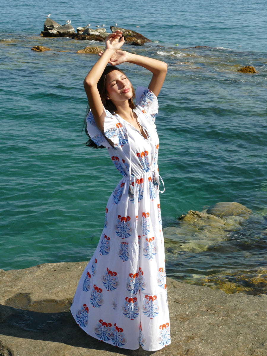 light blue and orange dress Baltic Born Womens Laie Back Tie Maxi Dress | Blue + Orange