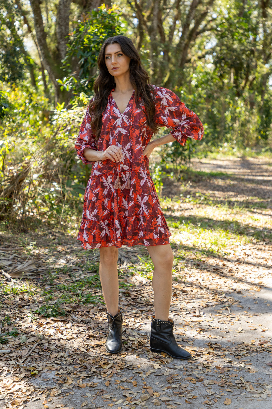 Bindu Agnes Dress Barn Red – cotton mini dress with floral print, balloon sleeves, and tiered hem