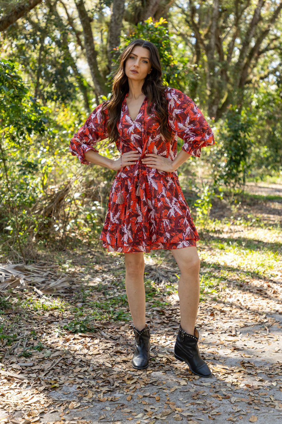 Bindu Agnes Dress Barn Red – cotton mini dress with floral print, balloon sleeves, and tiered hem
