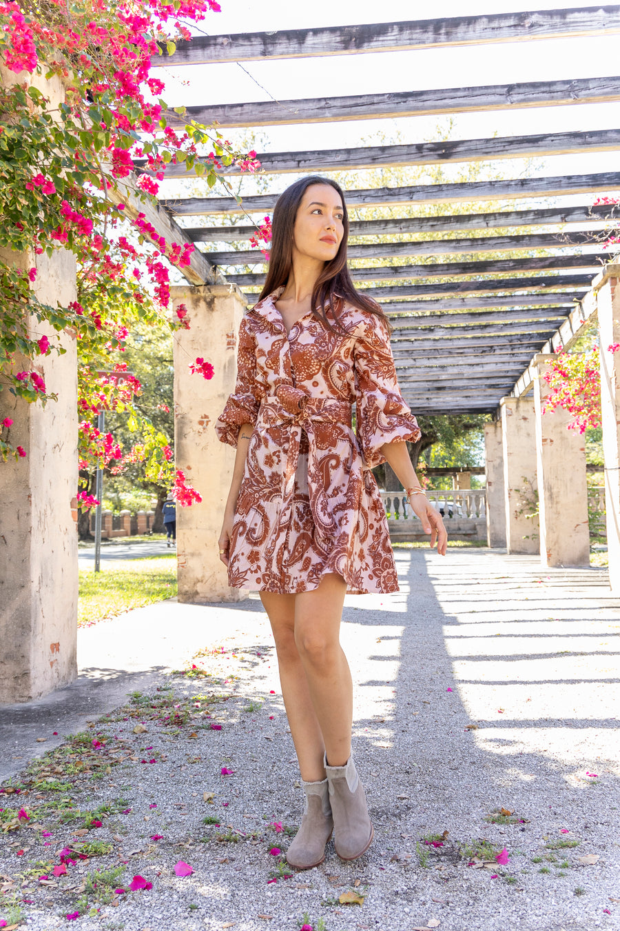 Angela Dress in Almond by Bindu – timeless cotton fall dress with tiered hem