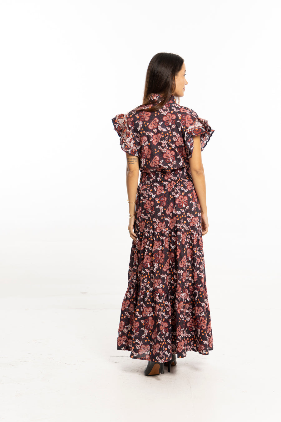 Bindu Ariana Skirt Black Floral – cotton tiered maxi skirt with elastic waistband and signature print
