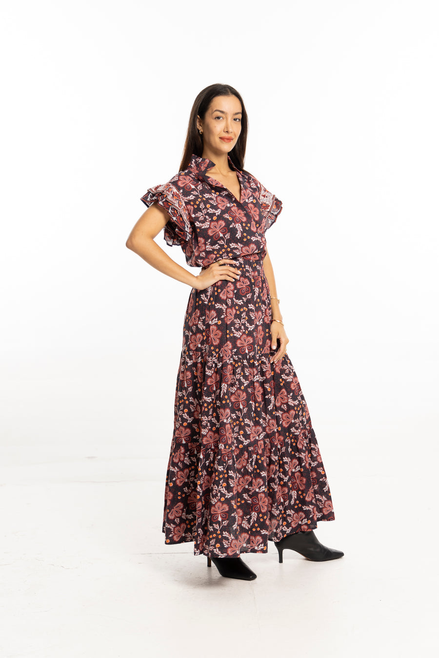 Bindu Ariana Skirt Black Floral – cotton tiered maxi skirt with elastic waistband and signature print