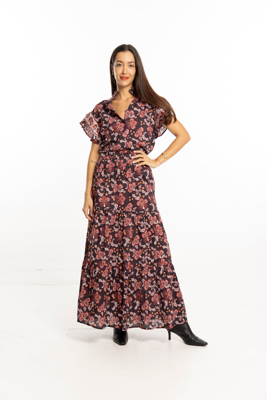 Bindu Ariana Skirt Black Floral – cotton tiered maxi skirt with elastic waistband and signature print