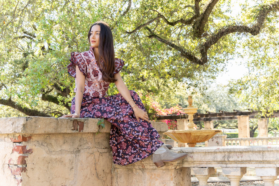 Bindu Ariana Skirt Black Floral – cotton tiered maxi skirt with elastic waistband and signature print
