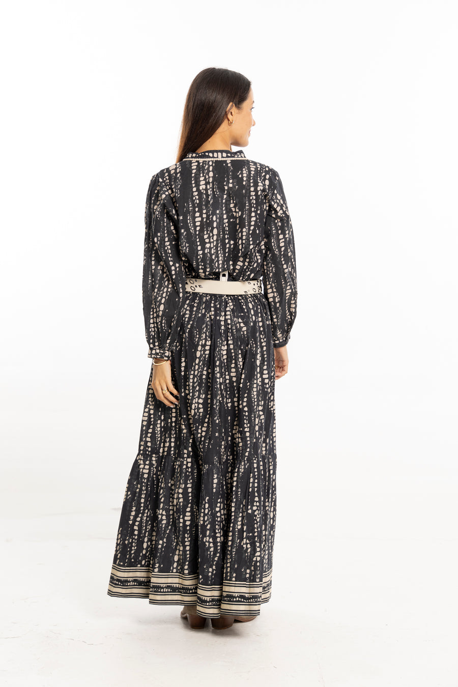 Bindu Ariana Skirt Black Pearl – cotton tiered maxi skirt with elastic waistband and signature print