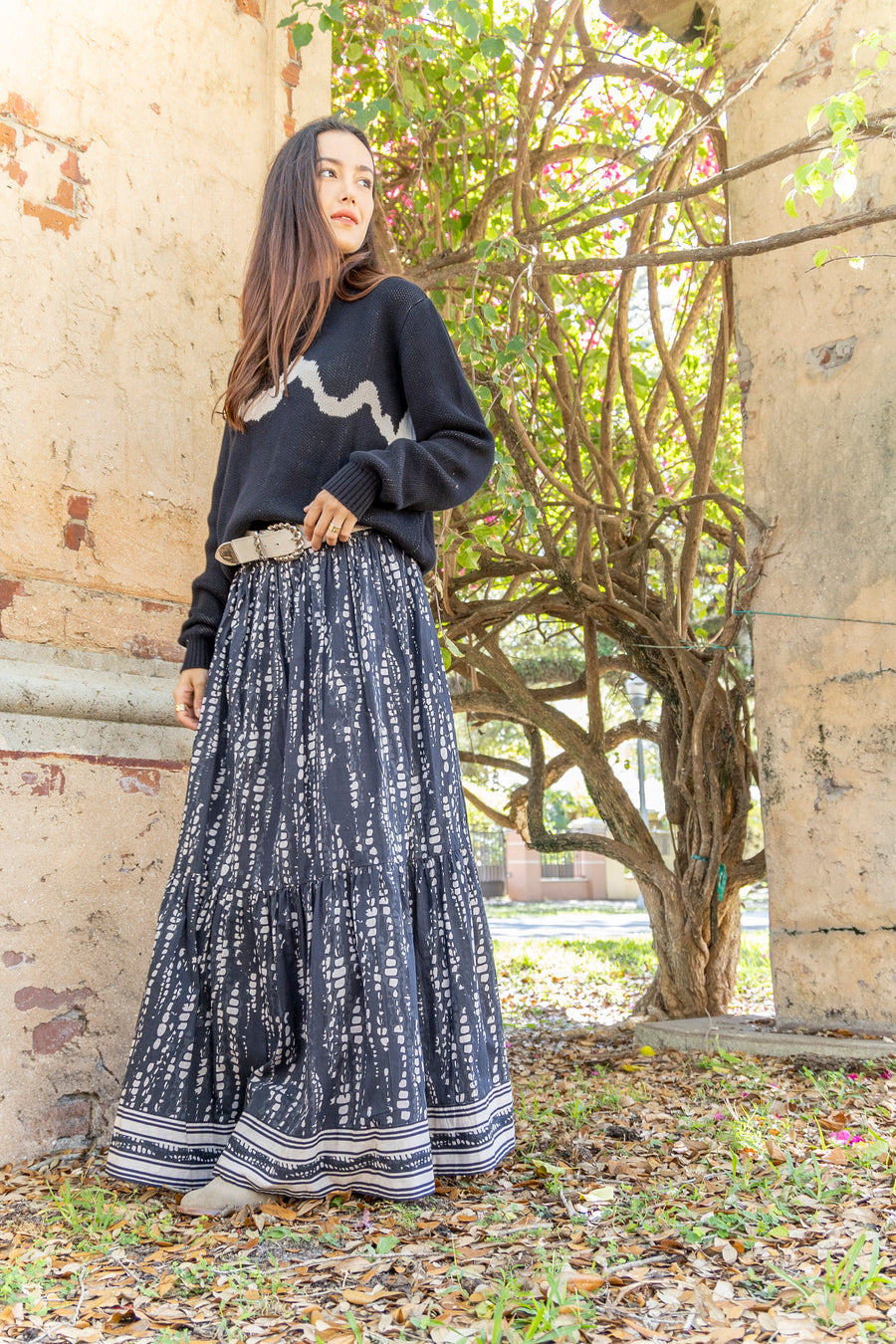 Bindu Ariana Skirt Black Pearl – cotton tiered maxi skirt with elastic waistband and signature print