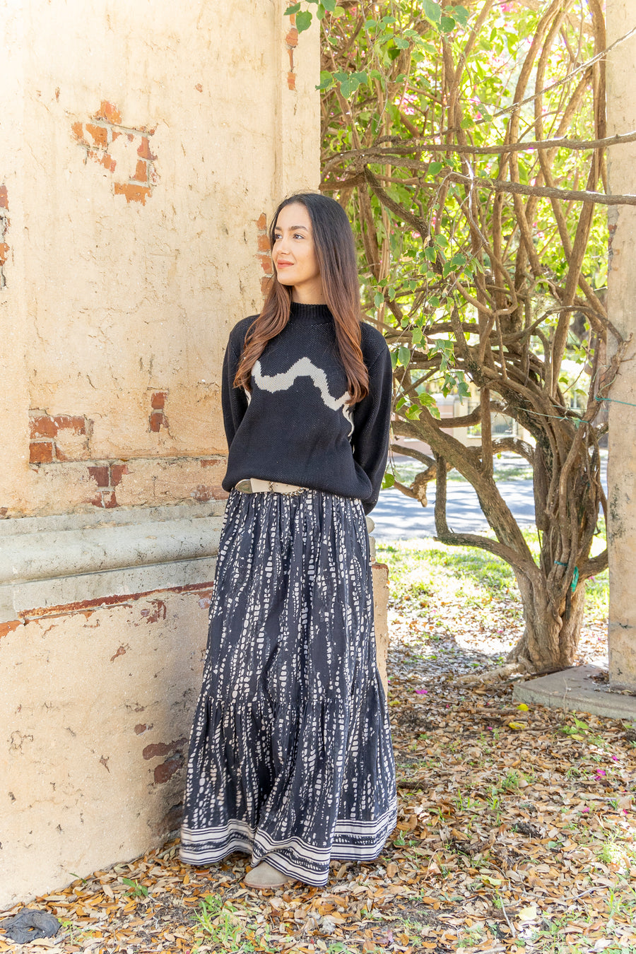 Bindu Ariana Skirt Black Pearl – cotton tiered maxi skirt with elastic waistband and signature print