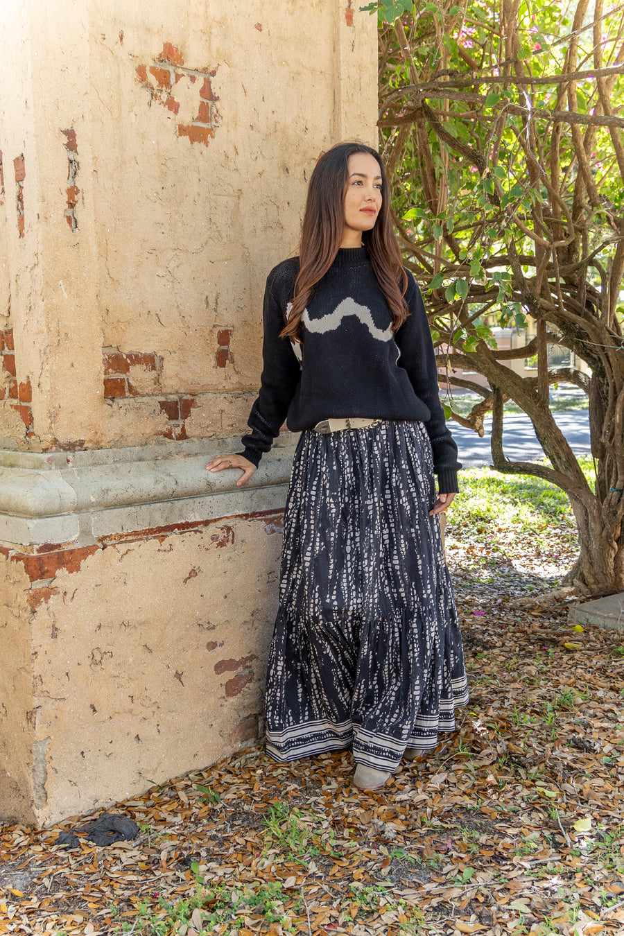 Bindu Ariana Skirt Black Pearl – cotton tiered maxi skirt with elastic waistband and signature print