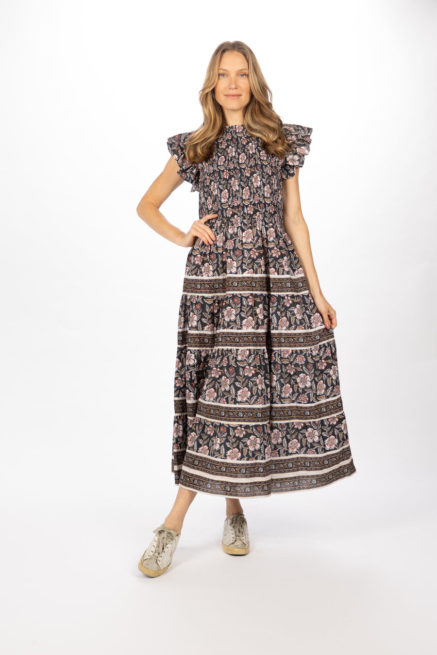 Bindu Bella Dress Black Multi – cotton floral maxi dress with smocked bodice and flutter sleeves