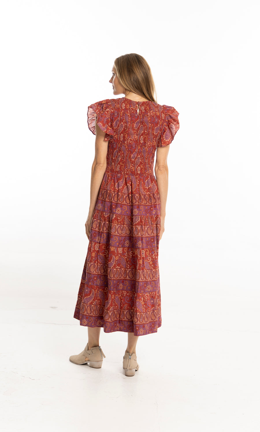 Bindu Bella Dress Ruby Red – cotton floral maxi dress with smocked bodice and flutter sleeves