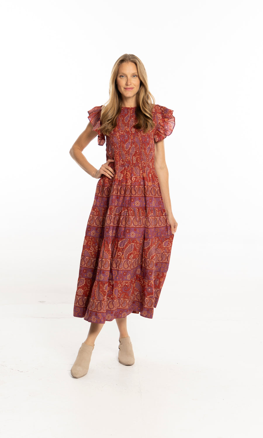 Bindu Bella Dress Ruby Red – cotton floral maxi dress with smocked bodice and flutter sleeves