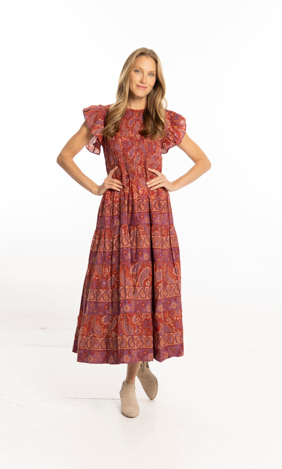 Bindu Bella Dress Ruby Red – cotton floral maxi dress with smocked bodice and flutter sleeves
