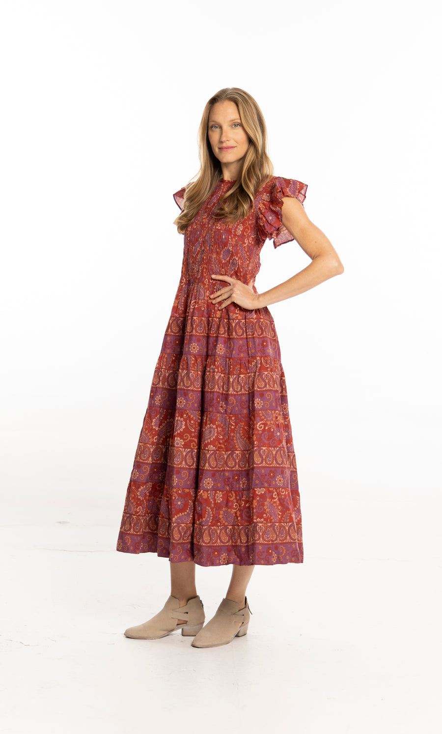 Bindu Bella Dress Ruby Red – cotton floral maxi dress with smocked bodice and flutter sleeves