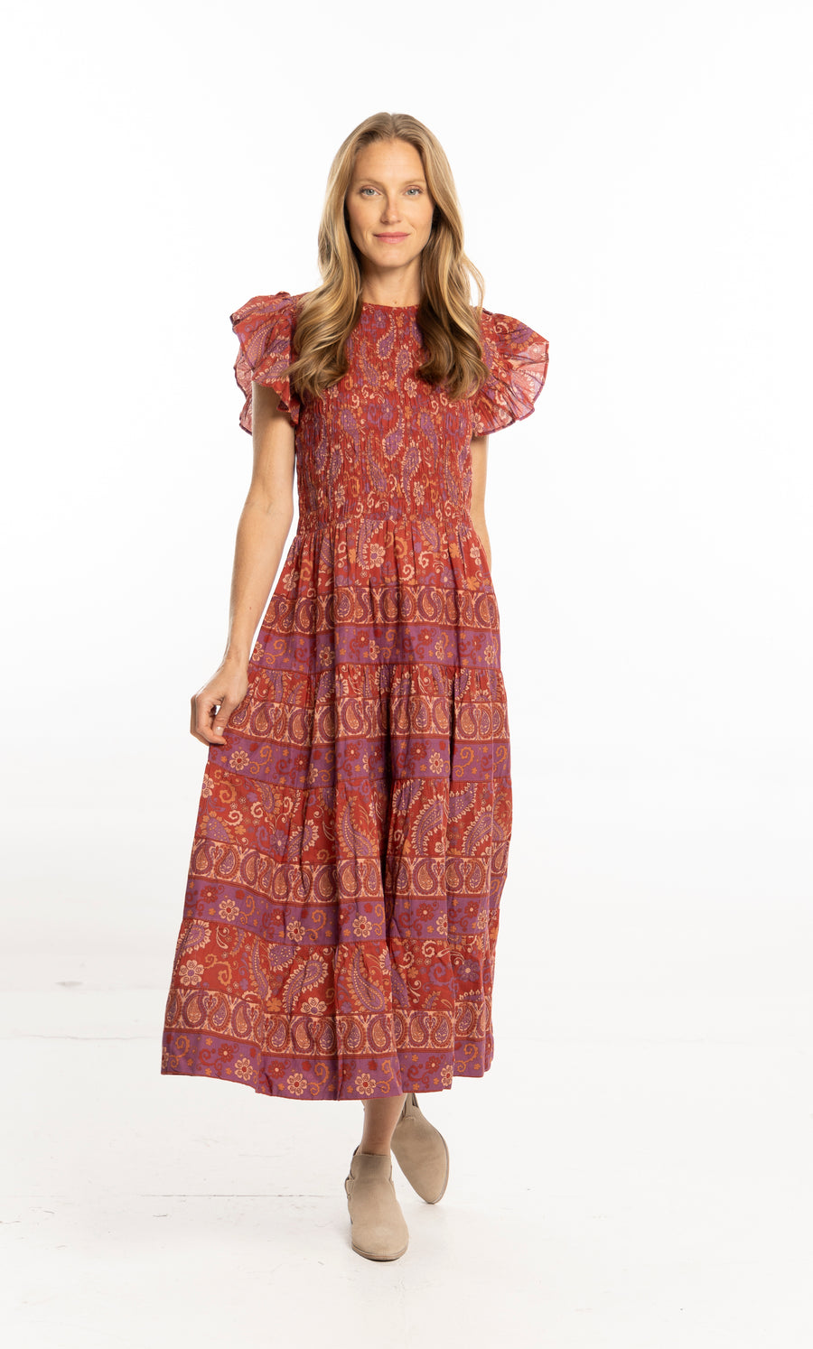 Bindu Bella Dress Ruby Red – cotton floral maxi dress with smocked bodice and flutter sleeves
