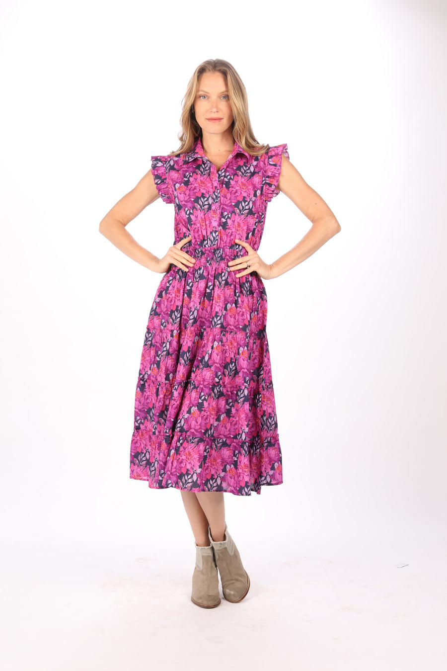 Bindu Brenda Dress Orchid – cotton midi dress with block-printed florals, button closure, and elastic waist