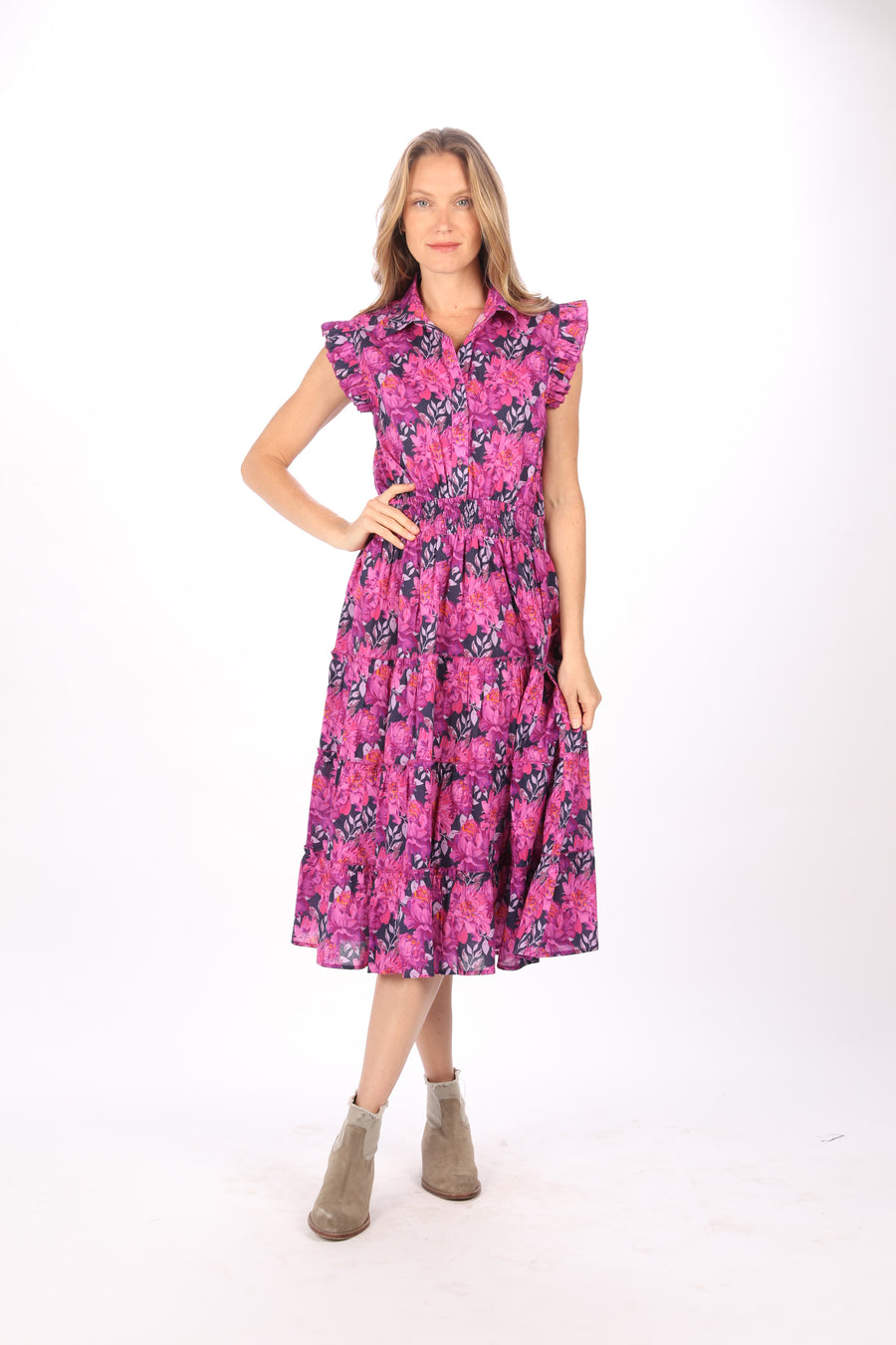 Bindu Brenda Dress Orchid – cotton midi dress with block-printed florals, button closure, and elastic waist