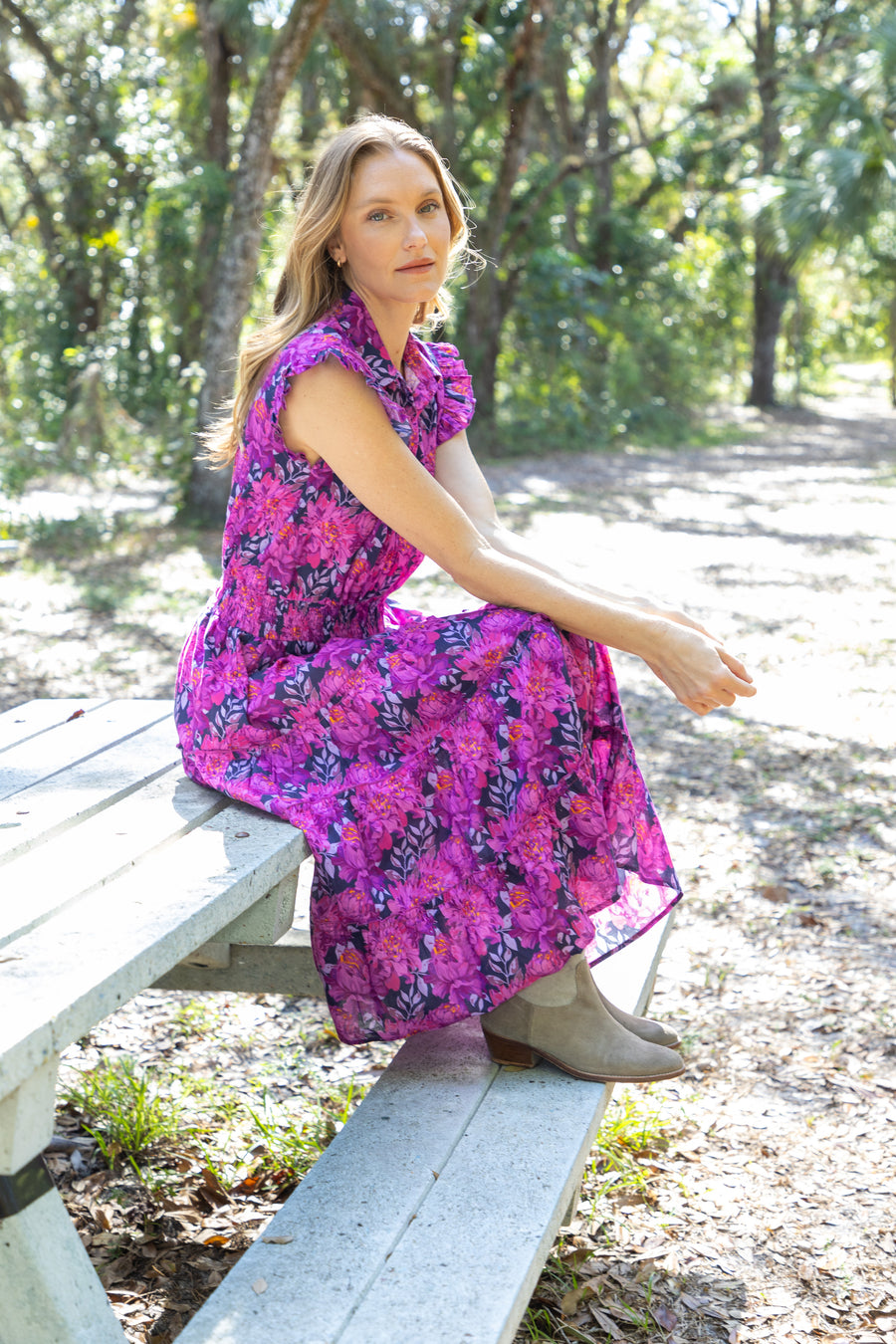 Bindu Brenda Dress Orchid – cotton midi dress with block-printed florals, button closure, and elastic waist