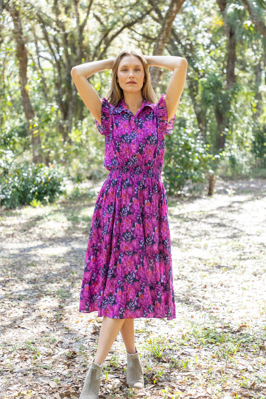 Bindu Brenda Dress Orchid – cotton midi dress with block-printed florals, button closure, and elastic waist