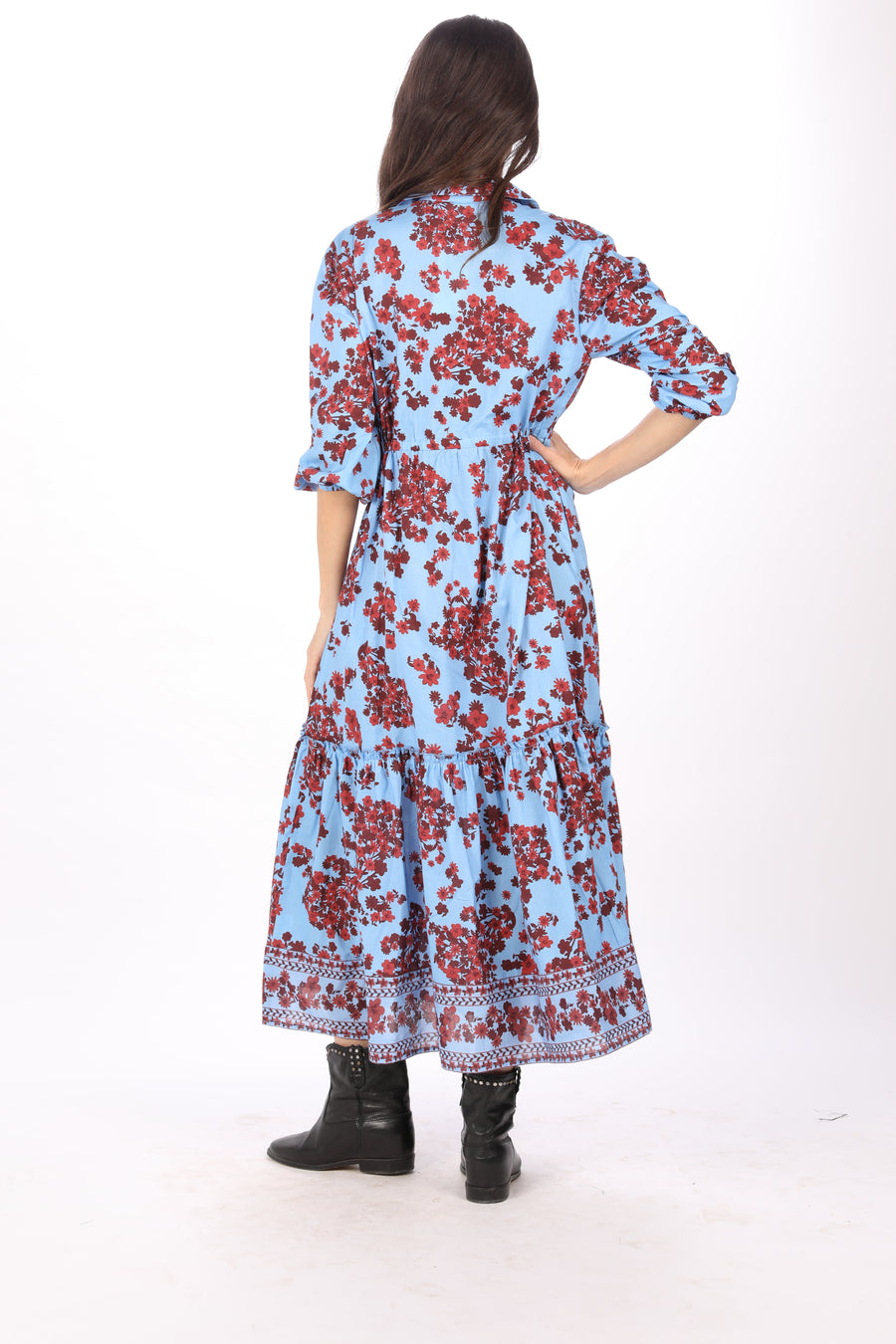 Side view of Bindu Cloe Dress Provence cotton floral maxi dress with elastic waist and easy fit cut