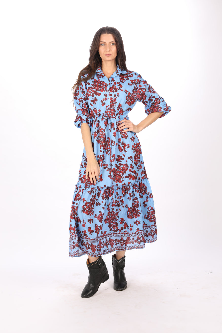 Bindu Cloe Dress Provence – cotton maxi dress with floral print, elastic waist, and matching border