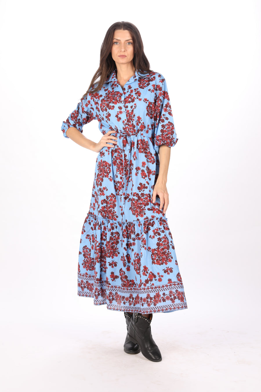 Front view of Bindu Cloe Dress Provence cotton floral maxi dress with elastic waist and easy fit cut
