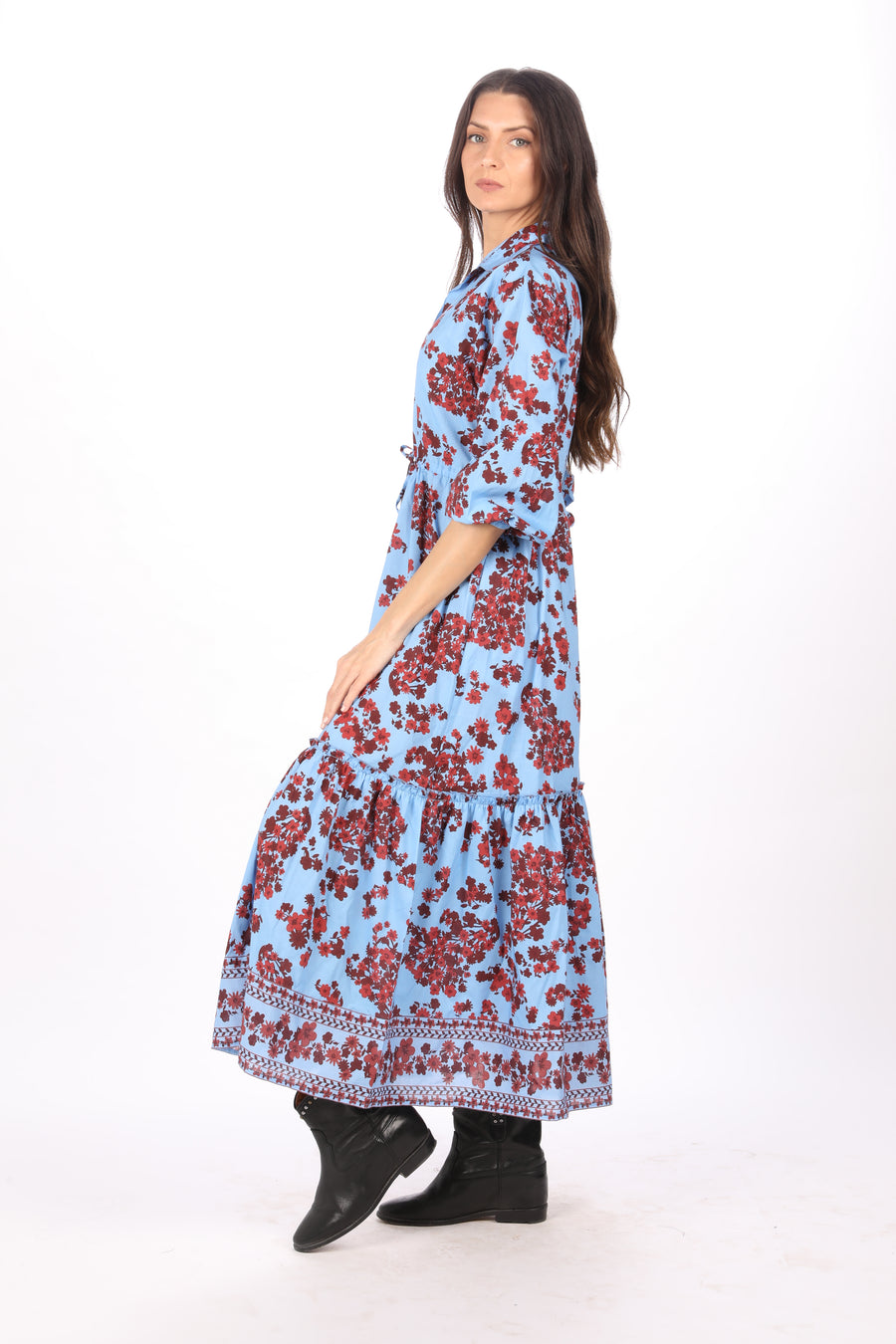 Side view of Bindu Cloe Dress Provence cotton floral maxi dress with elastic waist and easy fit cut