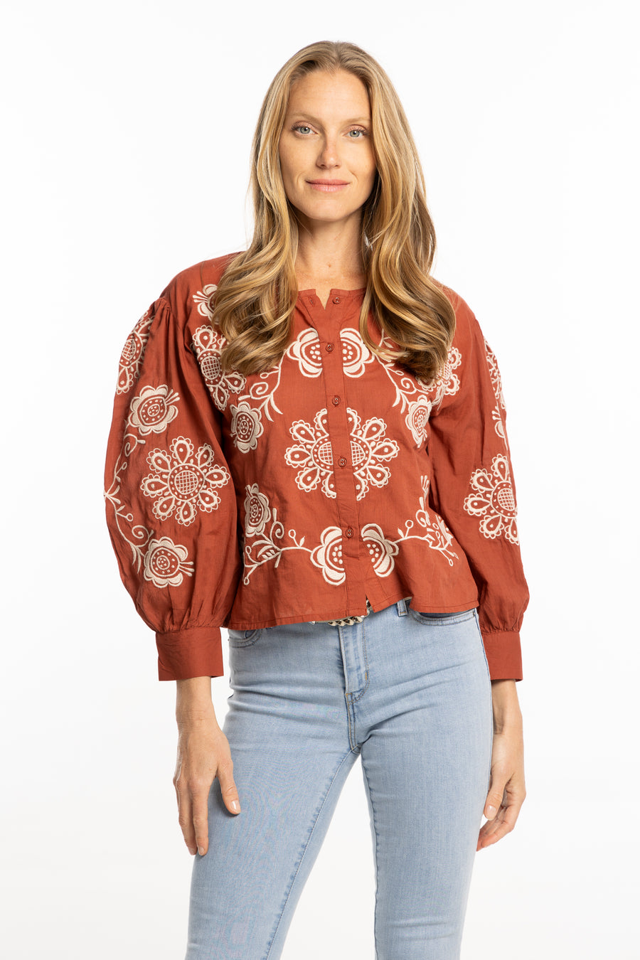 Bindu Egla Blouse Terracotta – cotton embroidered blouse with flattering silhouette for autumn layering