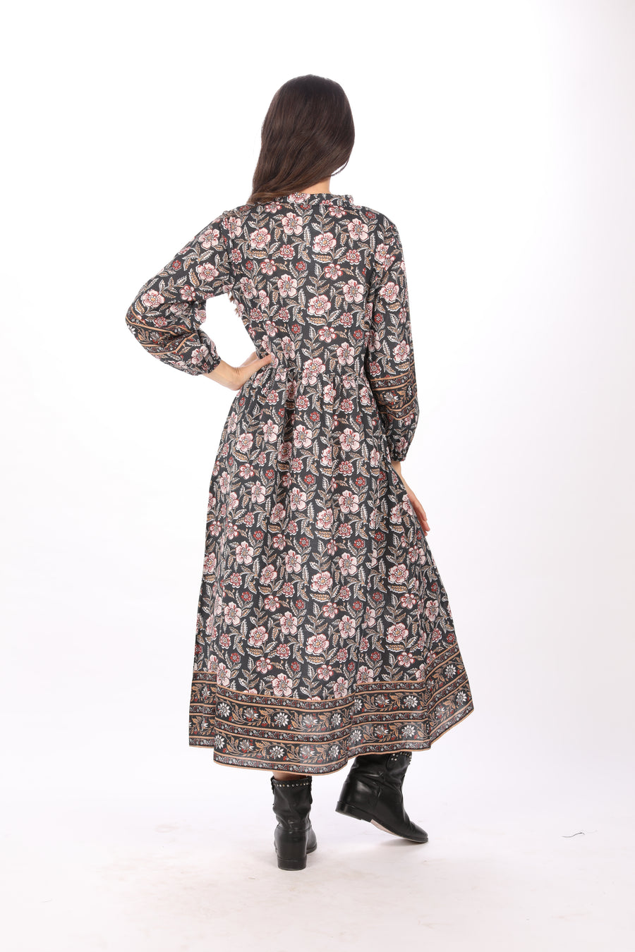 Bindu Emilia Dress Black Multi – cotton midi dress with seasonal print, long sleeves, and optional belt