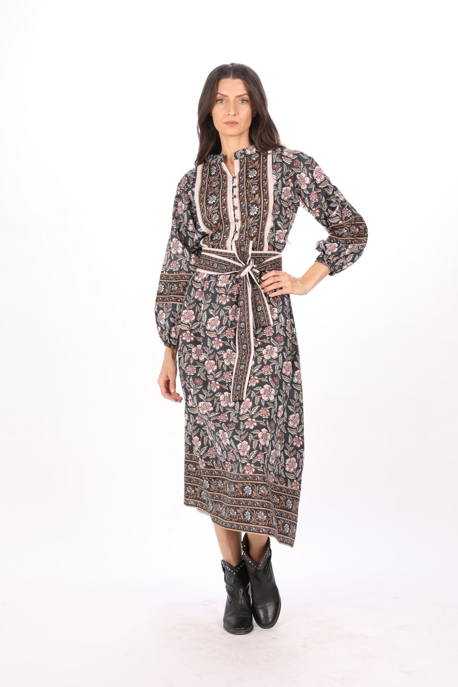 Bindu Emilia Dress Black Multi – cotton midi dress with seasonal print, long sleeves, and optional belt