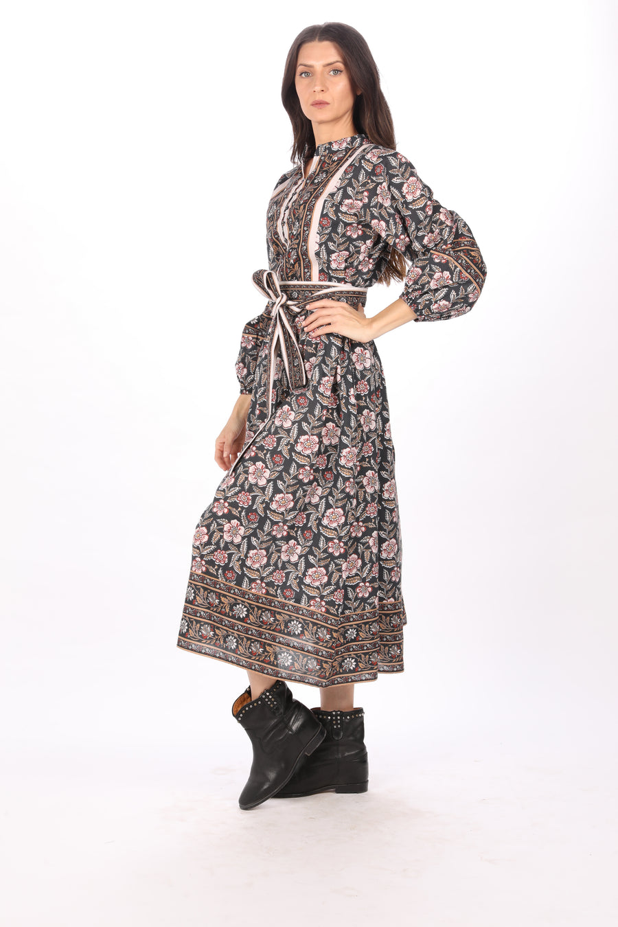 Bindu Emilia Dress Black Multi – cotton midi dress with seasonal print, long sleeves, and optional belt
