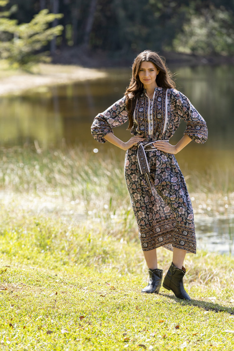 Bindu Emilia Dress Black Multi – cotton midi dress with seasonal print, long sleeves, and optional belt