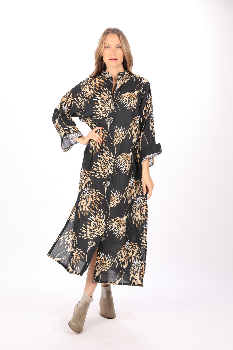 Bindu Gaby Dress Tunic French Almond – cotton button-down dress with side slits, belt, and autumn print