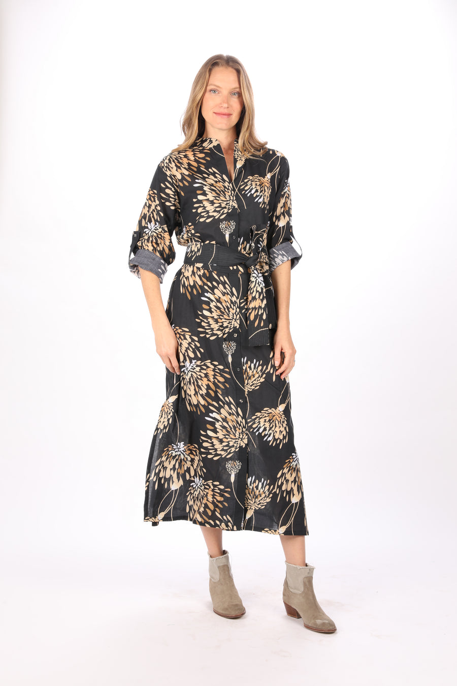 Discover the Gaby Dress Tunic in French Almond by Bindu—cotton button-down dress with belt, side slits, and rich autumn tones for versatile styling.