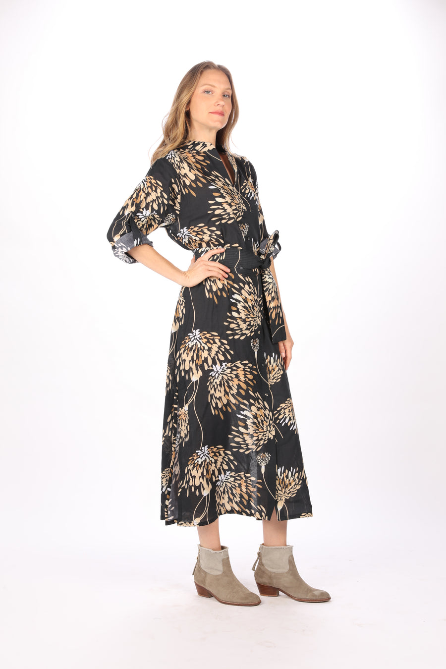 Bindu Gaby Dress Tunic French Almond – cotton button-down dress with side slits, belt, and autumn print