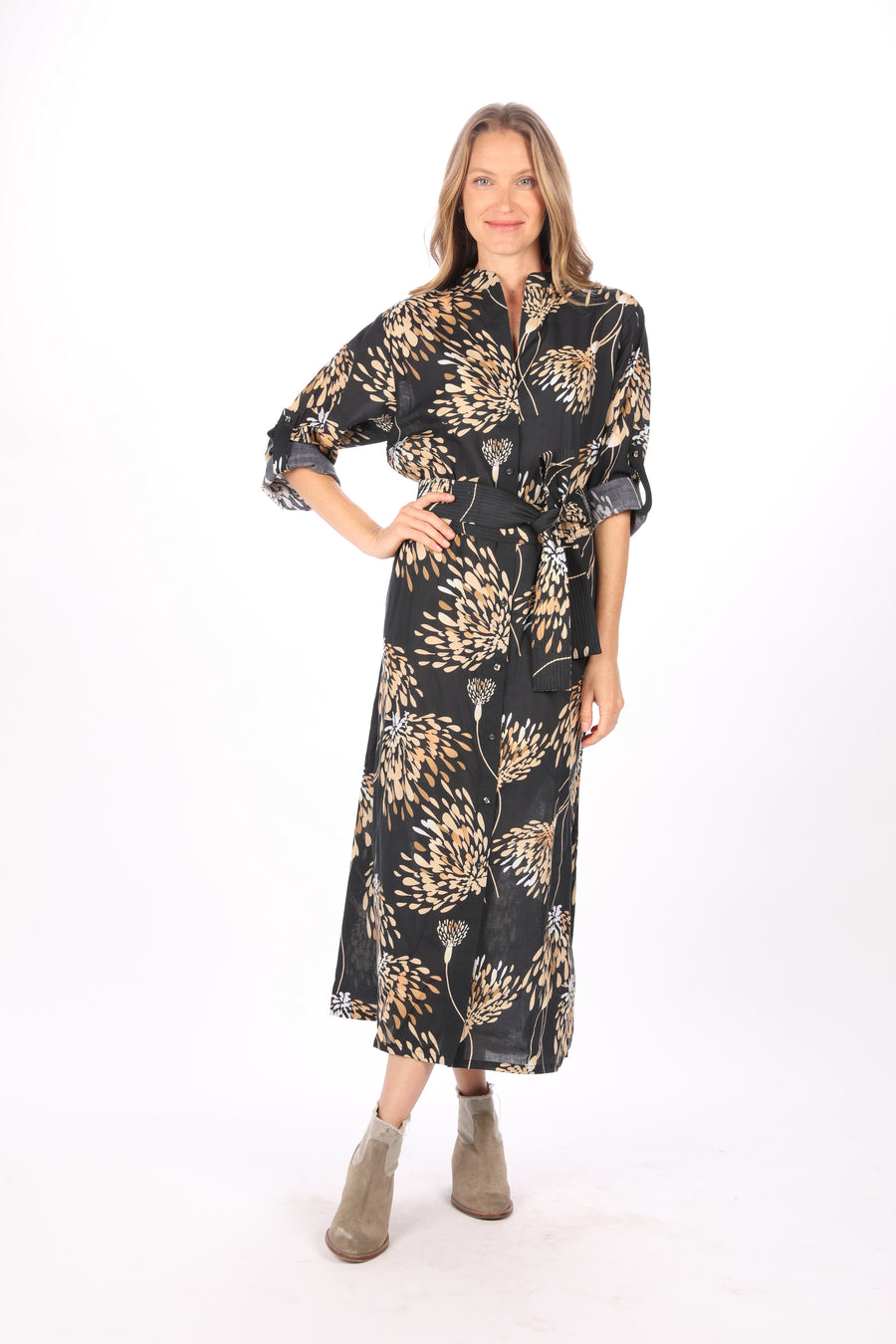 Bindu Gaby Dress Tunic French Almond – cotton button-down dress with side slits, belt, and autumn print