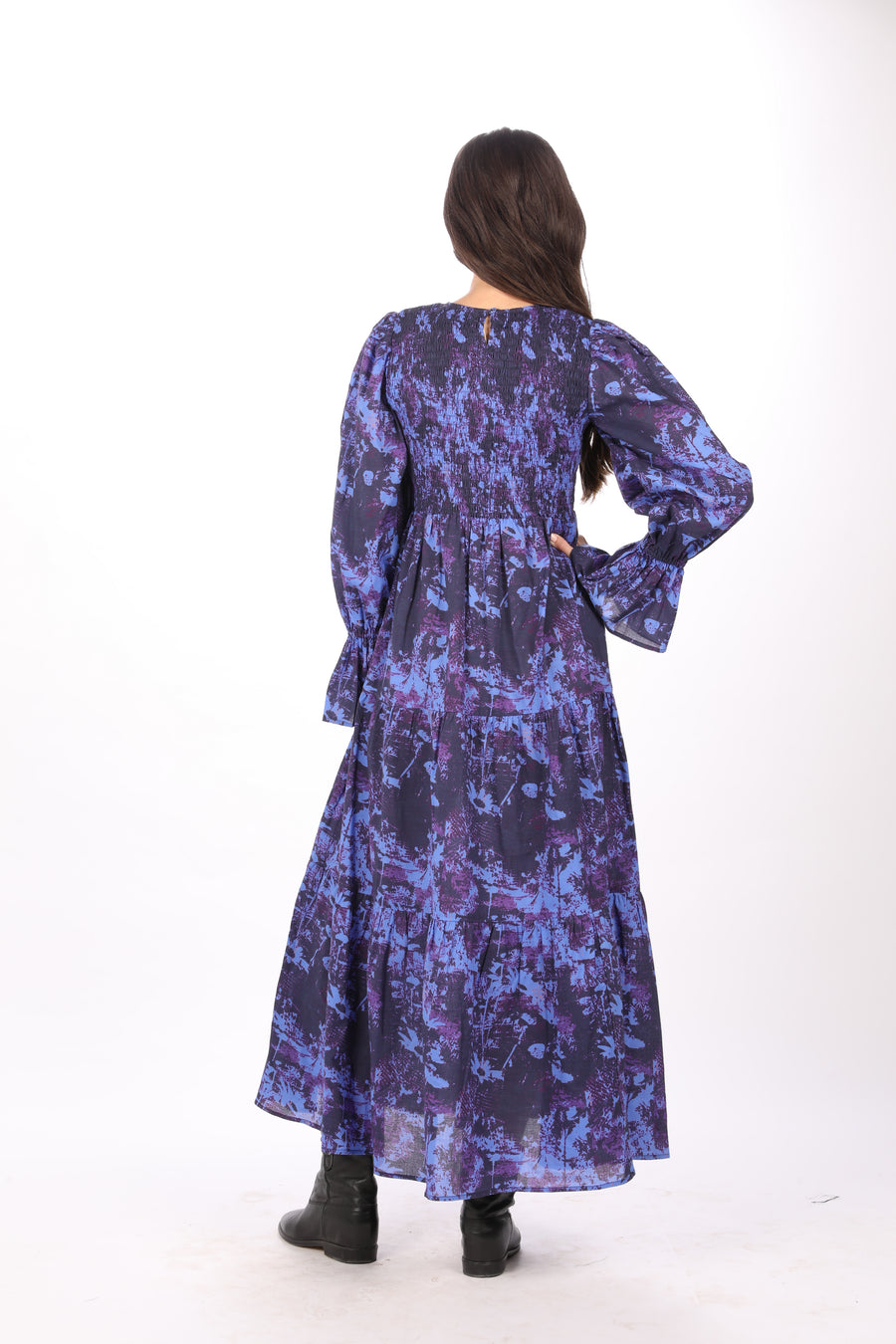 Shop the Lana Dress in Midnight by Bindu—cotton maxi dress with smocked bodice, puff sleeves, and tiered skirt for effortless fall elegance.