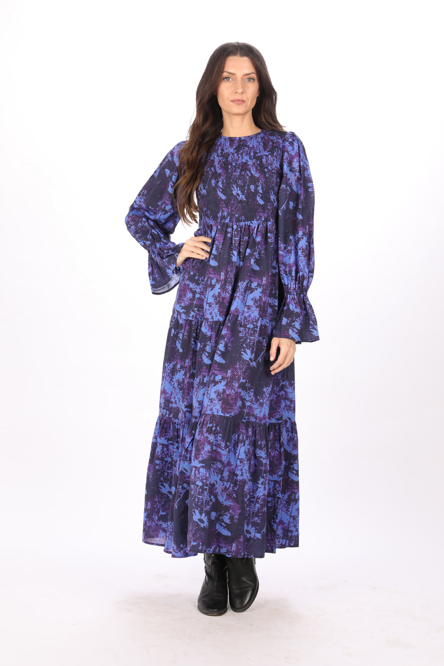 Bindu Lana Dress Midnight – cotton maxi dress with smocked bodice, puff sleeves, and tiered skirt
