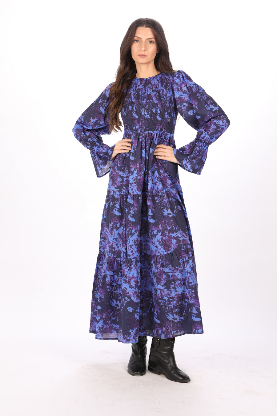 Bindu Lana Dress Midnight – cotton maxi dress with smocked bodice, puff sleeves, and tiered skirt