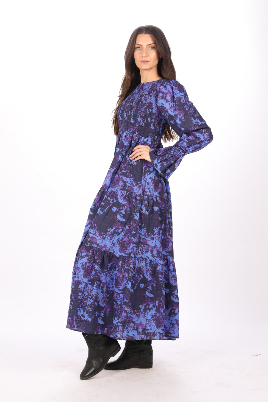 Bindu Lana Dress Midnight – cotton maxi dress with smocked bodice, puff sleeves, and tiered skirt