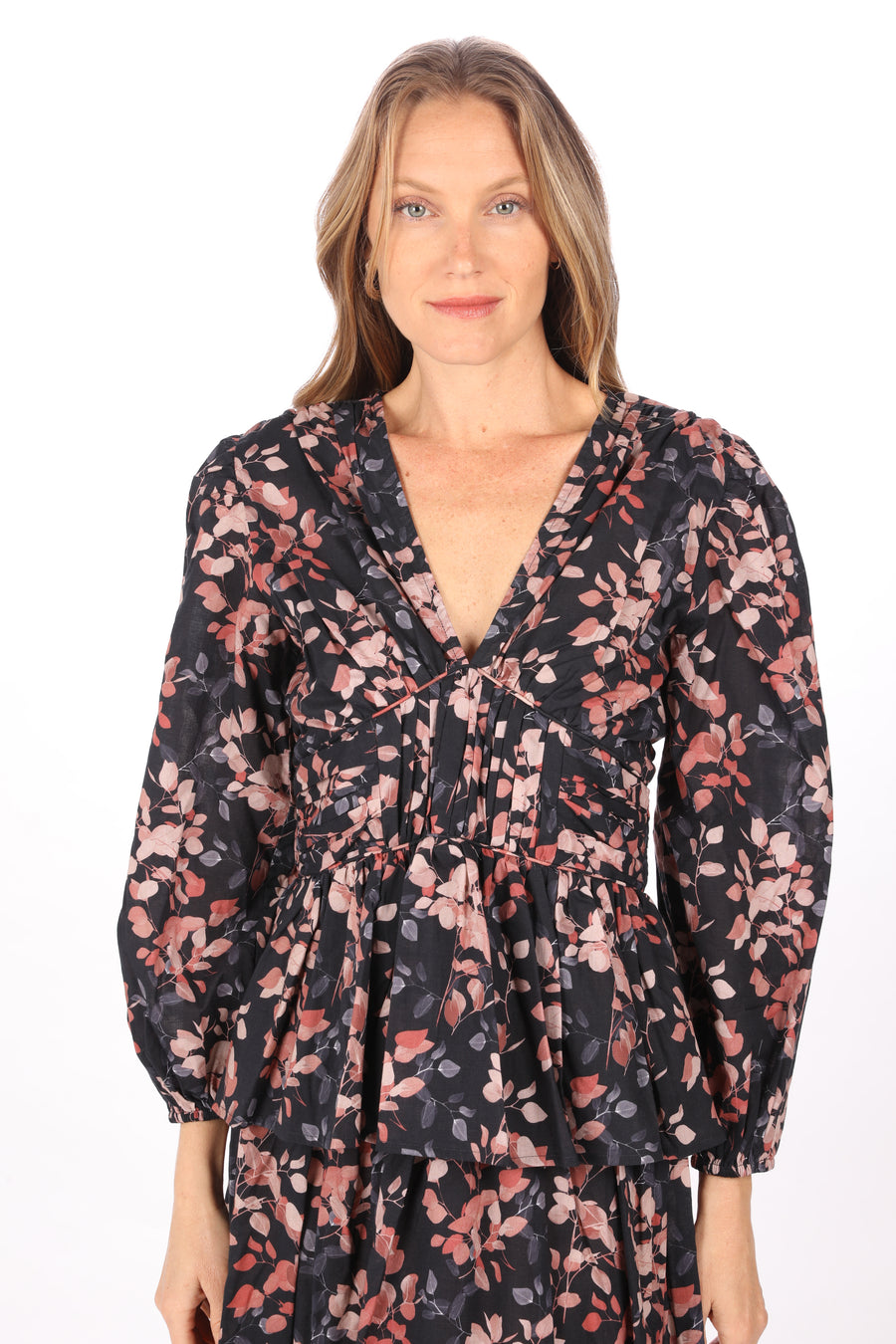 Bindu Liv Top Night Shades – cotton floral blouse with long sleeves, V-neckline, and elastic waist