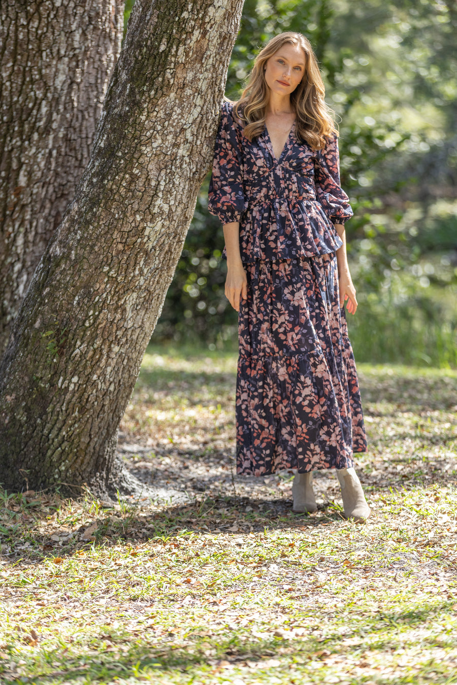 Bindu Liv Top Night Shades – cotton floral blouse with long sleeves, V-neckline, and elastic waist