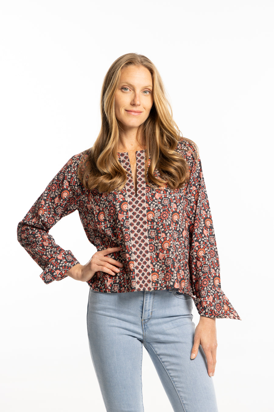 Bindu Lucia Top Cherry Black – cotton long-sleeve blouse for versatile fall layering and everyday elegance