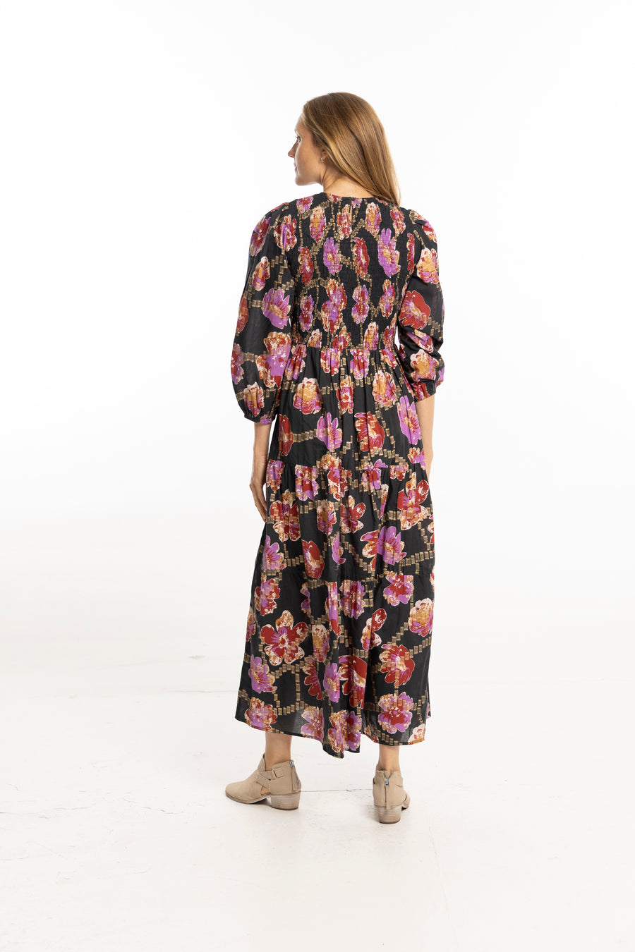 Bindu Melinda Dress Metallic – long sleeve cotton maxi dress with smocked bodice and metallic floral prints
