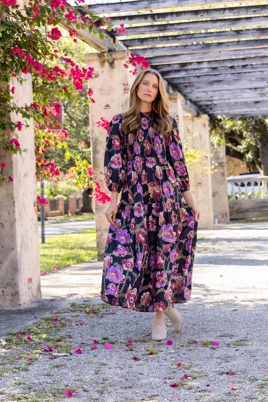 Bindu Melinda Dress Metallic – long sleeve cotton maxi dress with smocked bodice and metallic floral prints