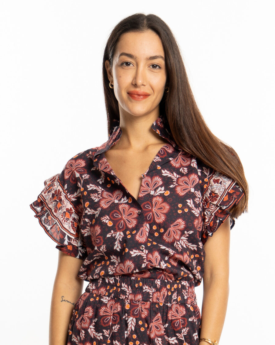 Bindu Milly Top Black Floral – cotton top with flutter sleeves and seasonal floral motifs