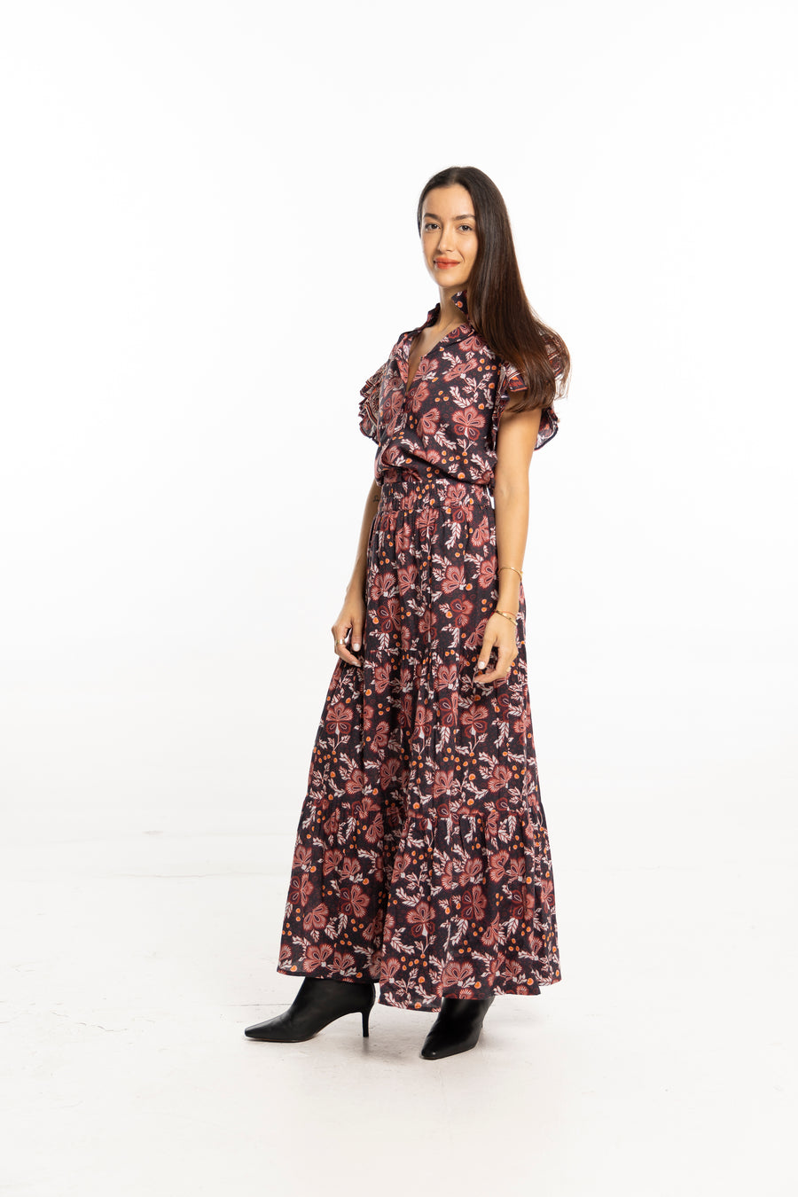 Bindu Milly Top Black Floral – cotton top with flutter sleeves and seasonal floral motifs