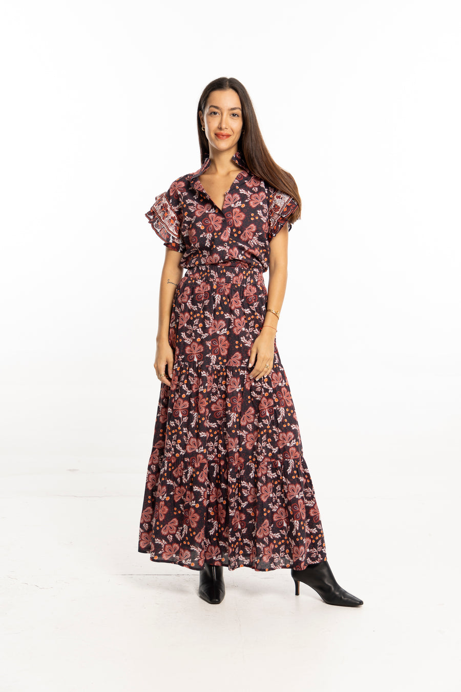 Bindu Milly Top Black Floral – cotton top with flutter sleeves and seasonal floral motifs