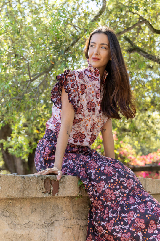 Milly Top. White Floral | Bindu | Flutter Sleeve Cotton Floral Top